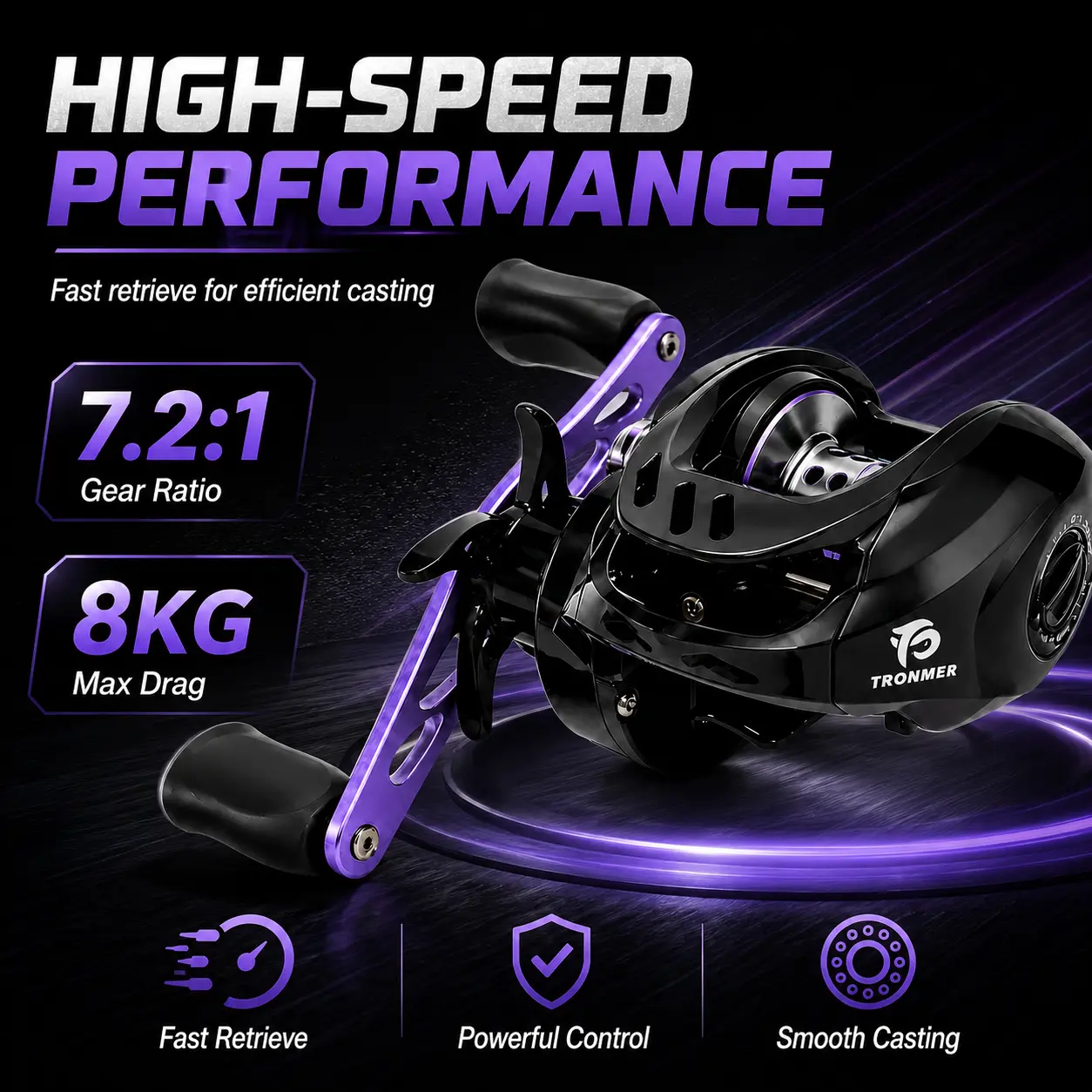 TRONMER Premium Baitcasting Reel - 7.2:1 Fast Line Retrieve Gear Ratio, 5+1 Bearings, 17.64LB Max Drag, Black Purple Fishing Tackle for Freshwater/Saltwater, Smooth Fishing Reel, Fisherman Gift, Gift For Fisherman