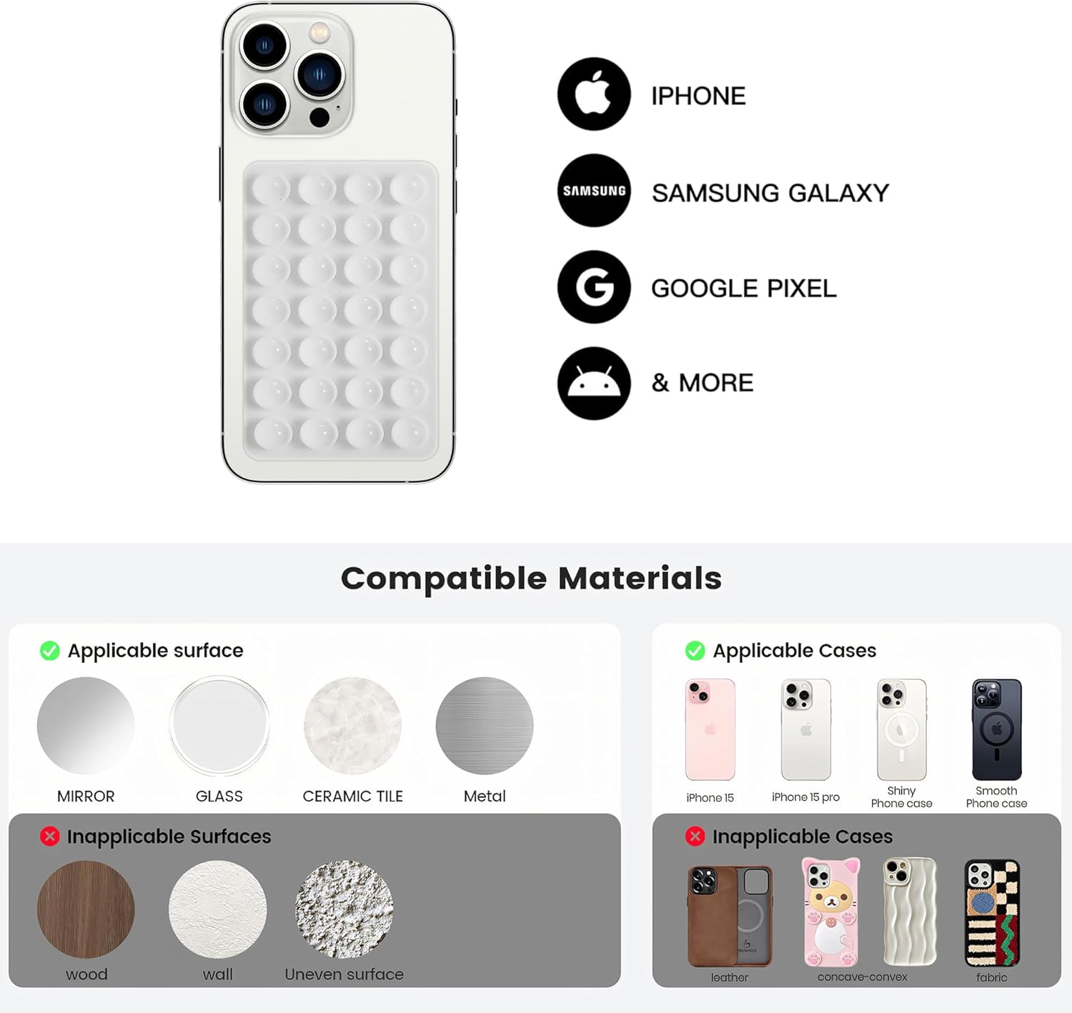 Silicone Suction Phone Case Mount 28 Strong Grip Holder Hands-Free Non-Slip Mount Double-Sided Adhesive Dash Holder for iPhone and Android Works on Glass Metal Plastic for Videos Selfies Beach Set Accessories sticky Smartphone Cellphone Stand Protective