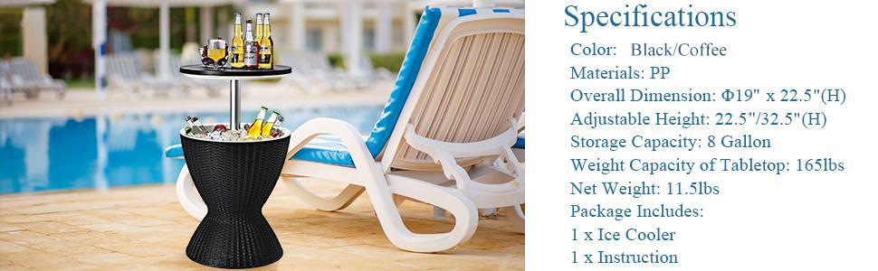 [Costway] Cool Bar Table, 4/8/10 Gallon Beer and Wine Cooler, Rattan Style Patio Bar Tables, Height Adjustable, 3-in-1 Ice Cooler with Drainage Plug, Outdoor Cocktail Table for Deck Pool Party-Deals for You Days