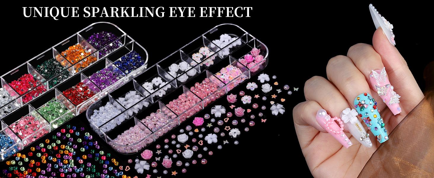 Nail Rhinestones Kit with 8 Boxes of Nail Gems, Nail Charms, 3D Charms for Nails, Colorful Clear Flatback Rhinestones, Charms Y2K for Nails, Multi Shape Pearls Jewels for Crafts