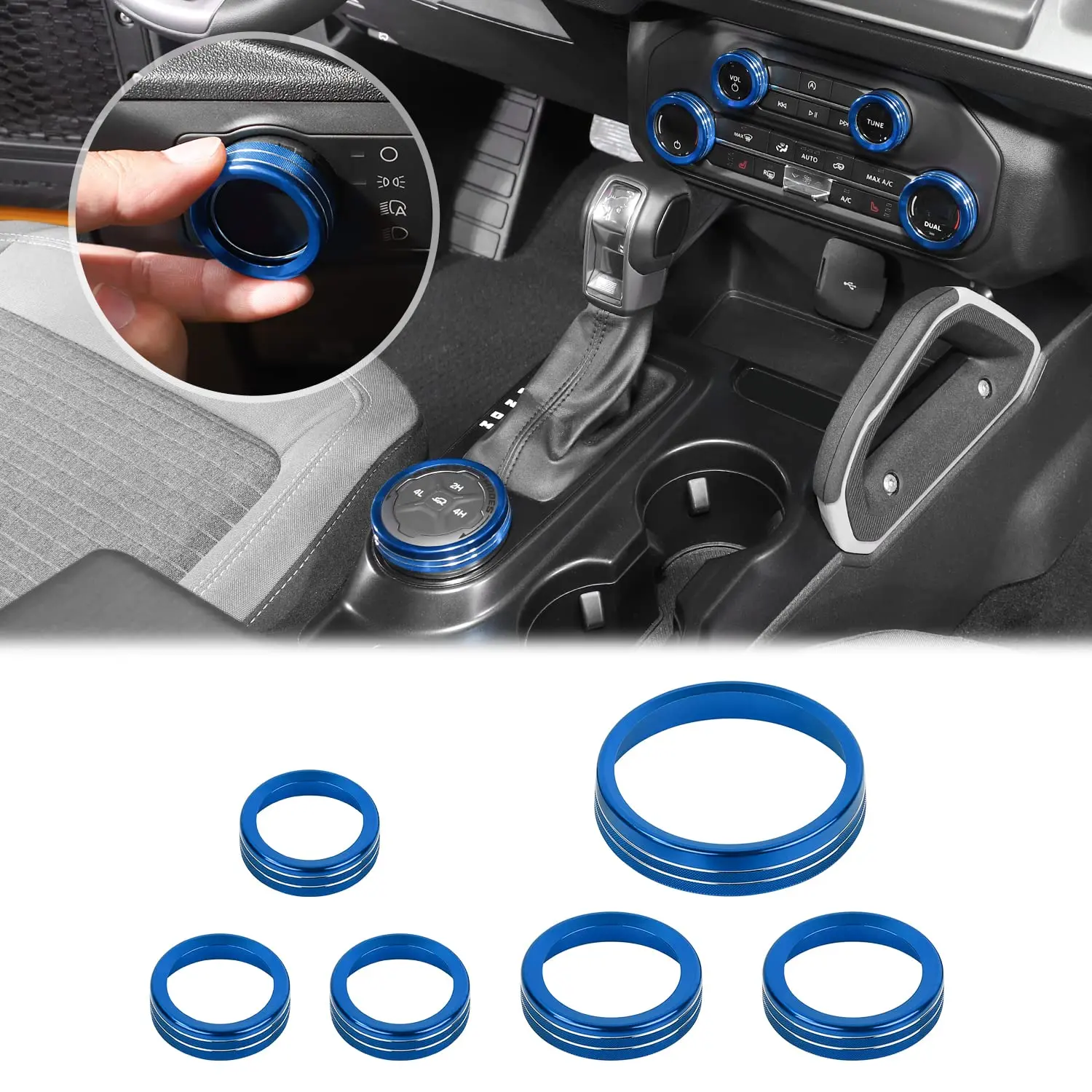 Air Conditioner Headlight Knob 4WD Wheel Drive Trailer Gear Knob Cover for 2021-2025+ Ford Bronco Accessories Aluminum Alloy 6PCS Blue(Don't fit Bronco Sport), Interior Decor, Bronco Fit