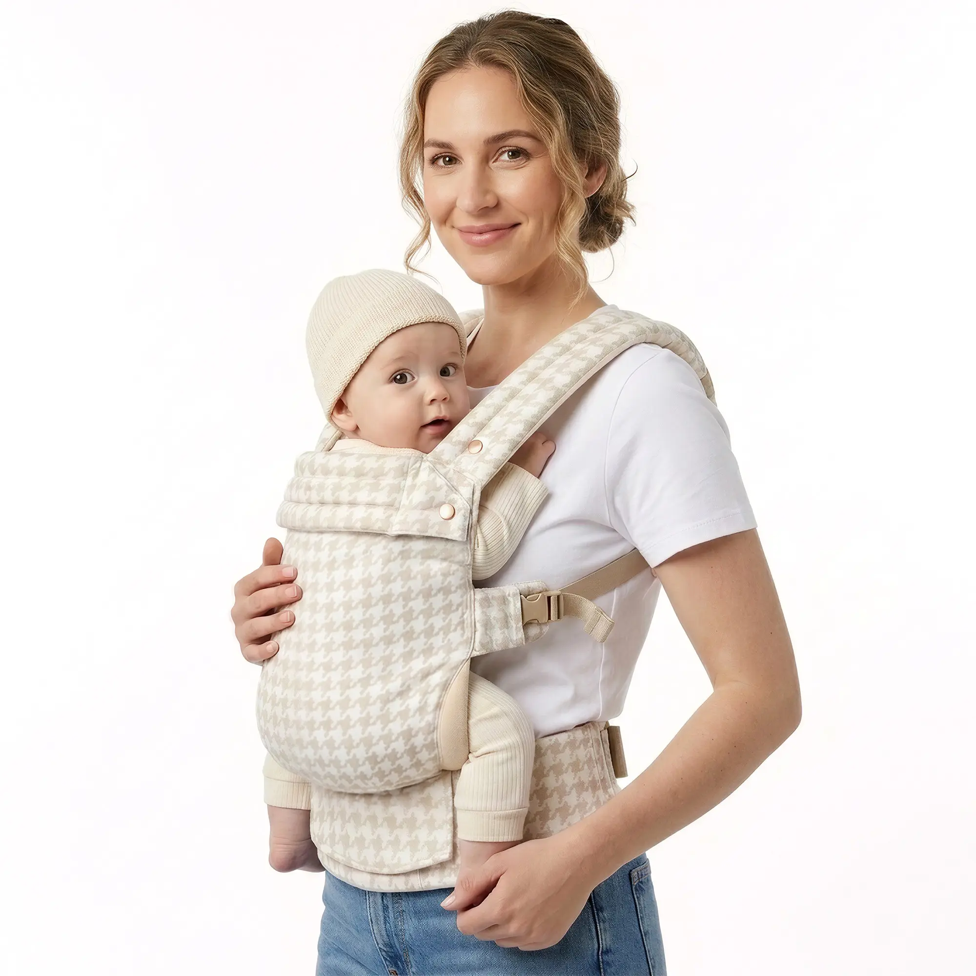 Ergonomic Geometric Houndstooth Checkerboard Baby Backpack Carrier, Breathable Cotton Blend, Adjustable 3-Position Criss Cross Straps for Weight Distribution, 3m+ 7-40 lbs Newborns/Toddlers, Unisex Spine-Safe Portable Hands-Free Travel Gear for Moms