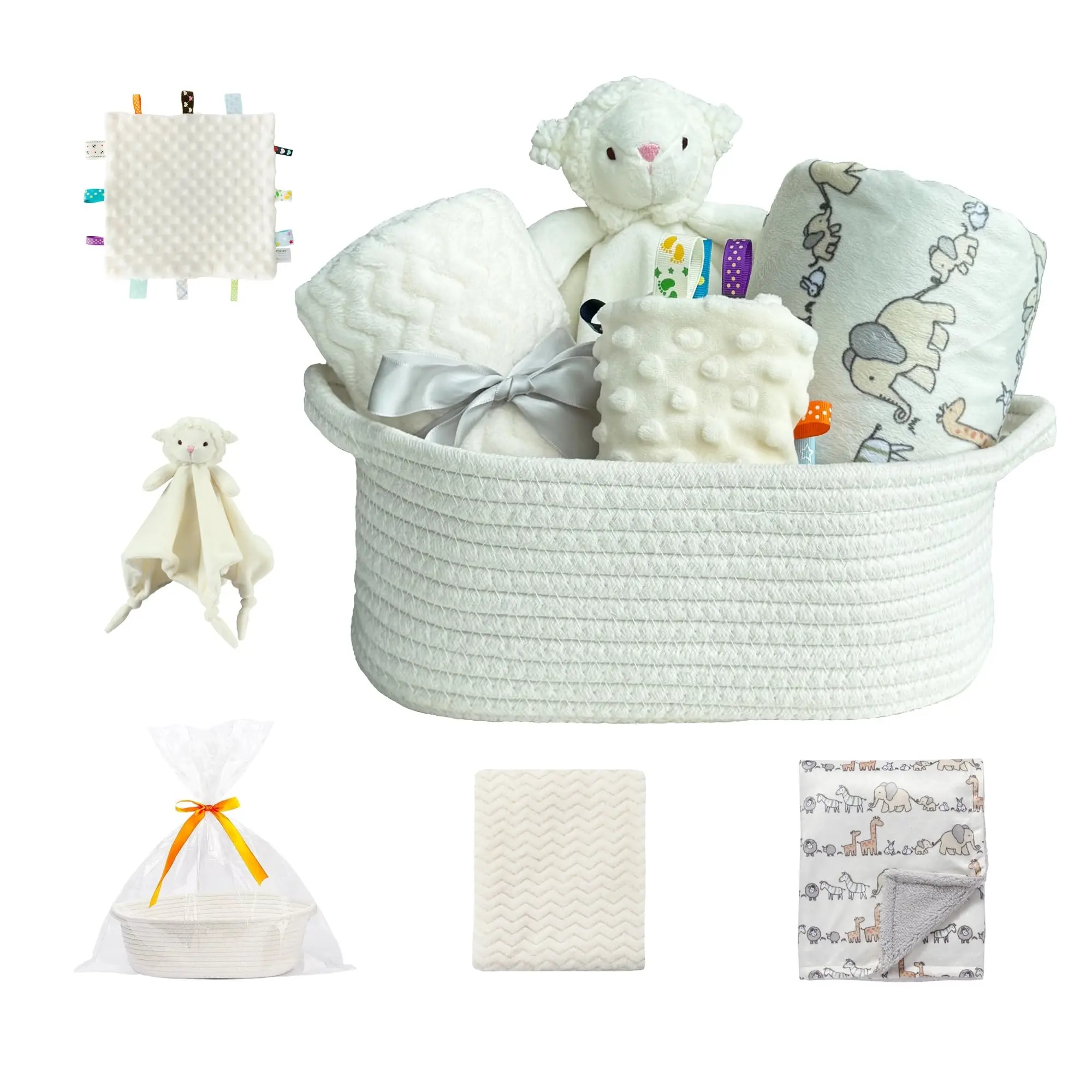CREVENT Baby Newborn Gift Set Storage Basket with 2 Baby Blankets, Security Blanket & Taggie, Gift Bag with Ribbon, Perfect Cozy Cute Baby Shower & Baptism Gift, Ivory, Unisex, 5Items