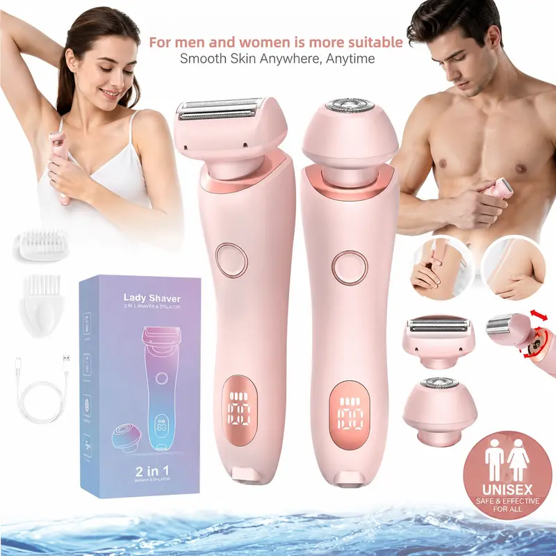 Women's 2-in-1 Electric Beauty Products - IPX7 Waterproof Painless Stainless Steel Body Razor & Facial Trimmer, Lightweight Wet/Dry Rechargeable, LED Display, Removable Washable Blade for Legs, Armpits, Bikini Area, Intimate Gift, Abs, Fastcharging, Hair,