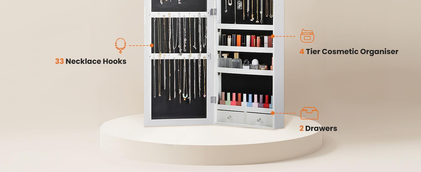 Full-Length Mirrored Jewelry Cabinet with Built-In Makeup Mirror, White Lockable Storage Cabinet with 2 Drawers