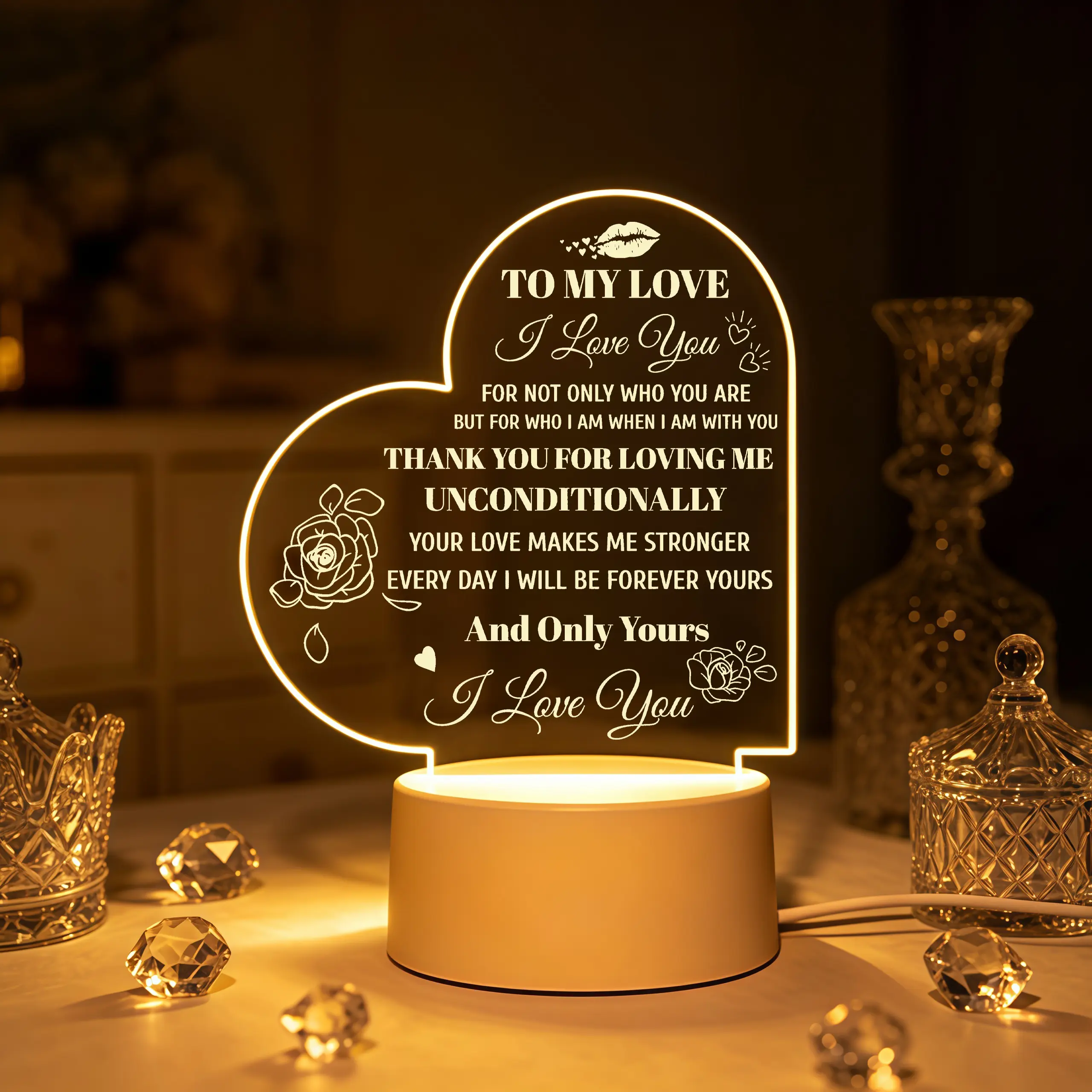 1pc Heart-Shaped Acrylic Night Light, Engraved Rose Quote Romantic Love Gift Keepsake for Anniversary, Valentine’s Day Bedroom Desk Decor
