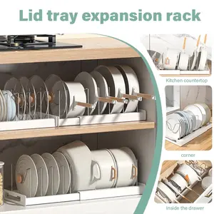 Pots and Pans Organizer Rack – Adjustable Stainless Steel Expandable Storage (White & Grey) with Slide Design, Multifunctional Pot Lid Organizer for Cabinet/Shelf/Countertop