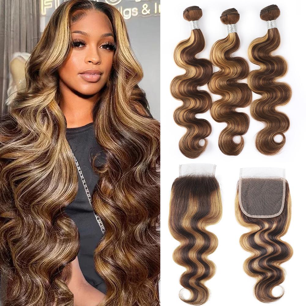 Honey Blonde Highlight Sew In P4/27 Body Wave Bundles With 5x5 Lace Closure Virgin Raw Bundles With Closure Human Hair Weave