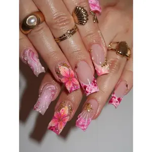 3D Tropical Flower Press On Nails, Mermaid Seashell Fake Nails, Long Square Pink Summer Nails, Water Droplet Beach Vacation Glue On Nails