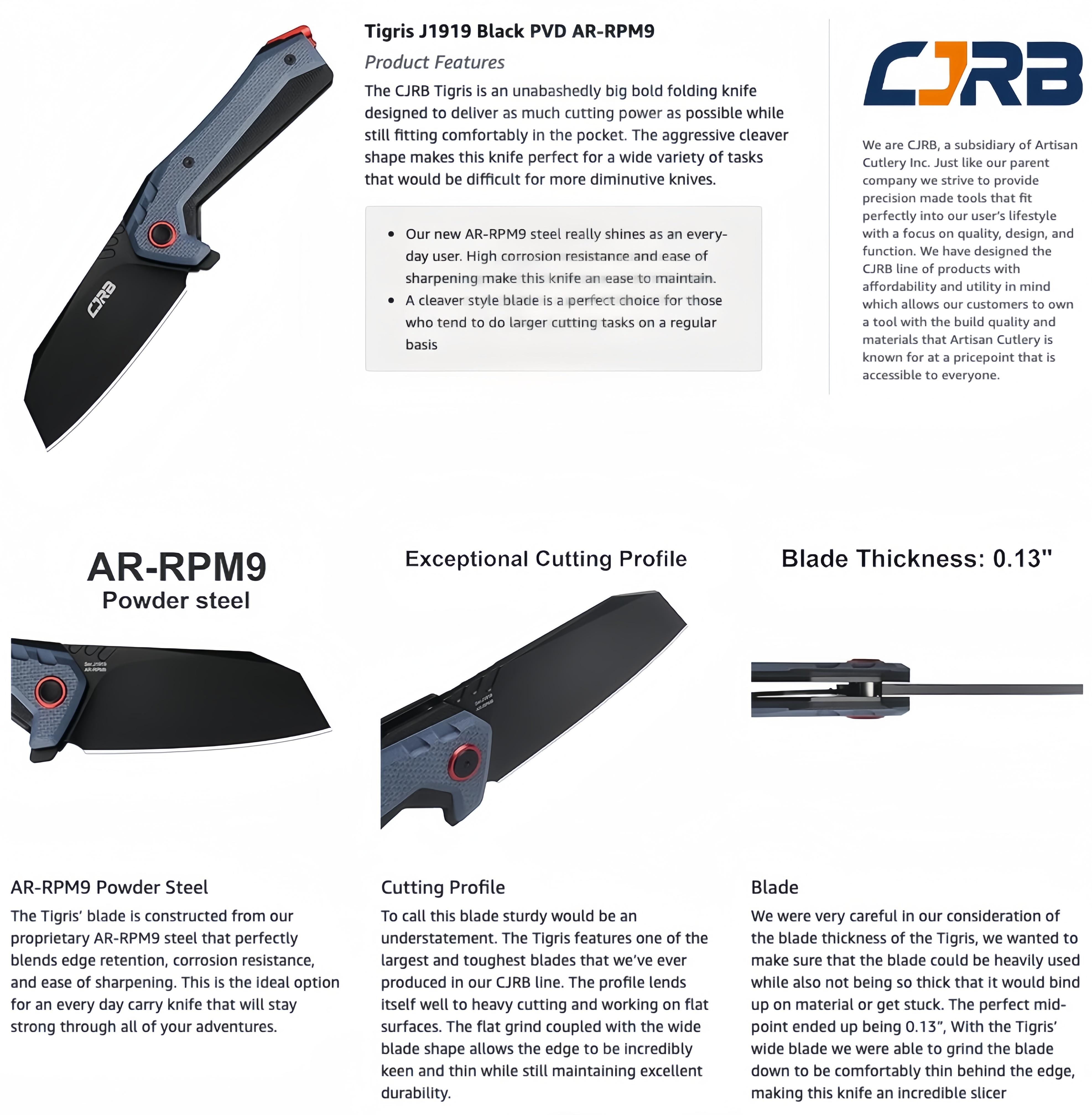 CJRB Tactical Knife Tigris AR-RPM9 Steel Black PVD Blade Black&Blue G10 Handle Emergency Tool for Camping EDC, Survival Tools and Survival Gear