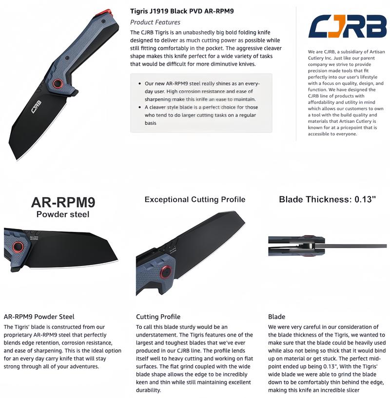 CJRB Tactical Knife Tigris AR-RPM9 Steel Black PVD Blade Black&Blue G10 Handle Emergency Tool for Camping EDC, Survival Tools and Survival Gear