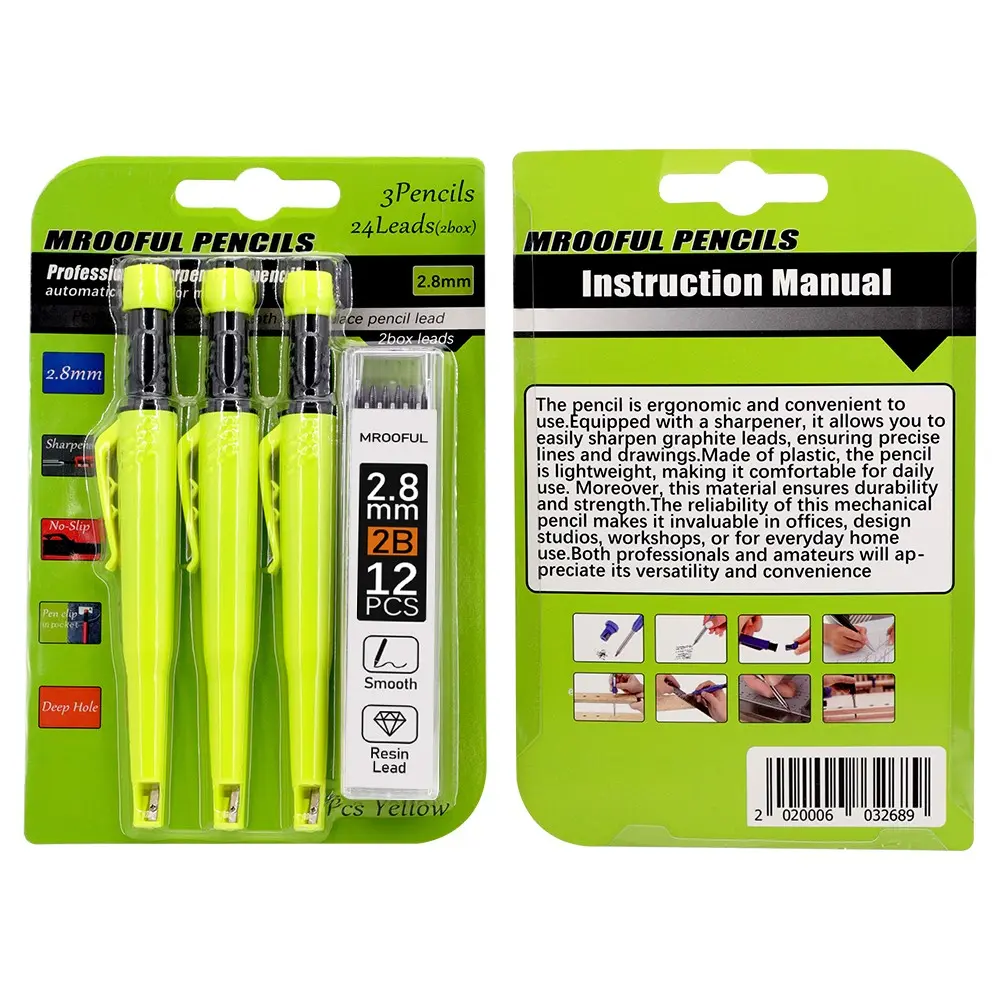 1 set of woodworking pencils, solid color 2.8 mechanical construction pencils, anti roll pen clip, large capacity pen core that is not easy to break, marking pen, automatic pencil, Stationery Supplies, Drawing Supplies