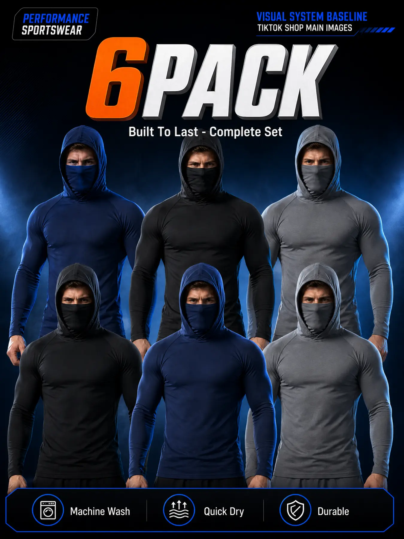 Men's 6-Pack Long Sleeve Compression Hoodies with Face Cover, Moisture Wicking Quick Dry Hoodie, Heavy Duty Washable Base Layers, Sports Wear for Fitness Training, Hiking