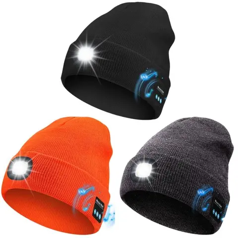 Bluetooth Beanie with Light, Unisex USB Rechargeable 4 LED Fashlight Hat with Cordless Headphones, Unique Christmas Birthday Gifts for Men Husband Teen warm beany Knit Balaclava Outdoor Activities skull cap cycling Spider Web sport lightweight sweat