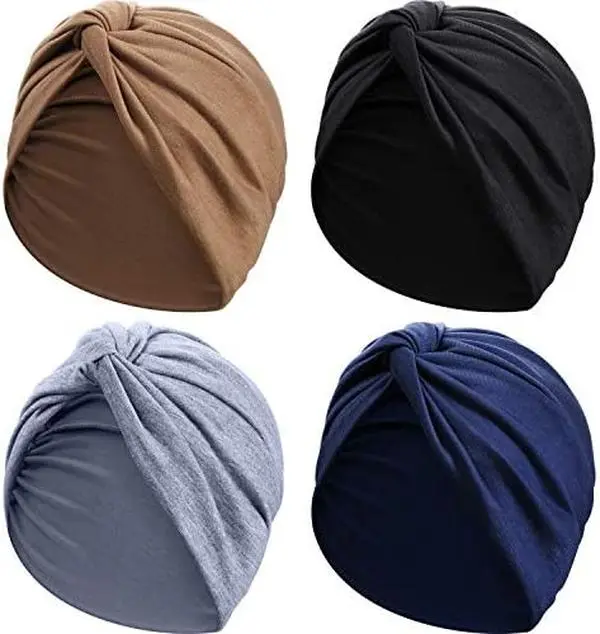 Pack of 4 Turbans for Women Soft Pre Tied Knot Pleated African Head Wraps Cancer Turban Cap Chemo Headwrap Head Wear for Shopping, Yoga, Working out, Cleaning Face, Making Up