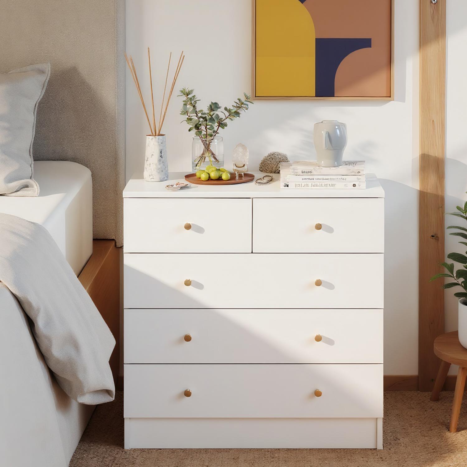 White dresser for bedroom, Chest of Drawer 5 drawer dresser with Gold Handle,Modern Sturdy Wood Storage Cabinet Nightstand for Bedroom,Living room