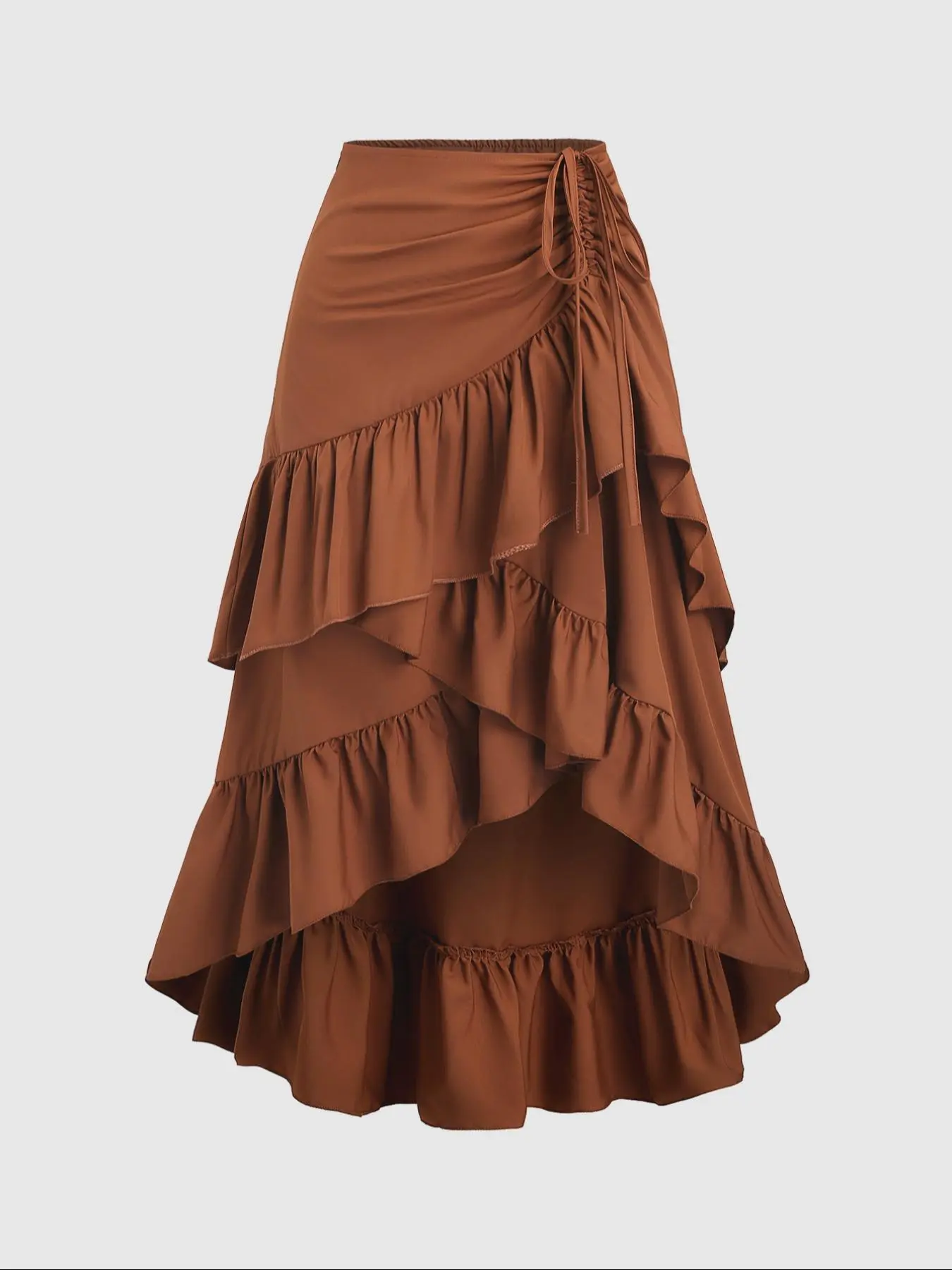 Women's Soft Solid Color Ruffle Hem Woven Skirt with Adjustable Drawstring, Boho Fashion Casual High Low Hem Ruffled Skirt for Daily Holiday Vacation Wear, Ladies Bottoms for All Seasons