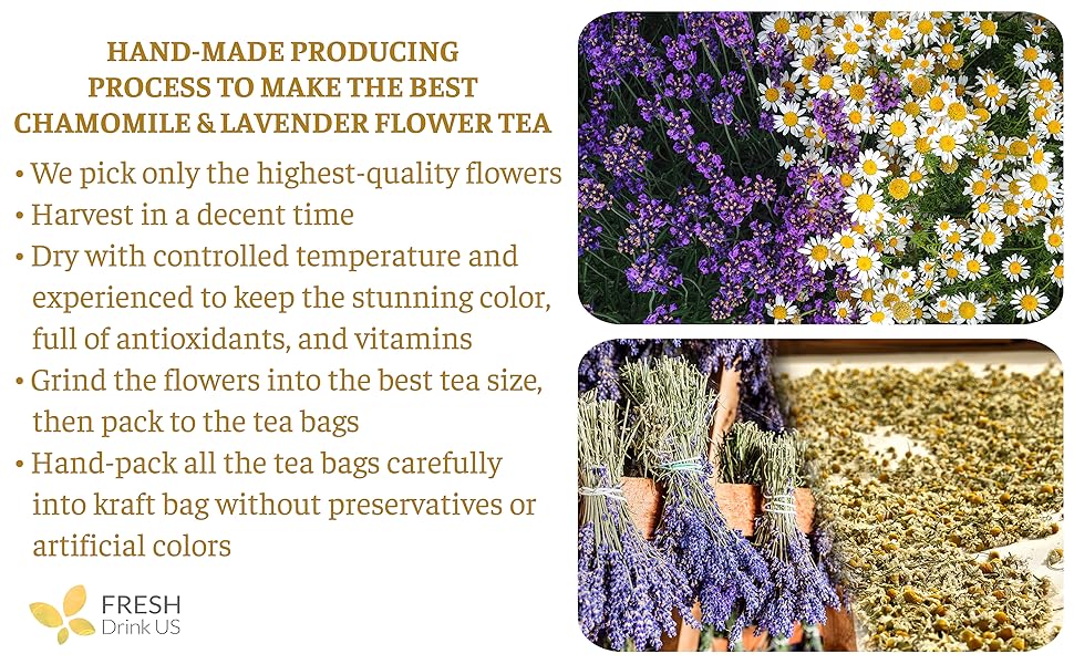 【FreshDrinkUS】 60 Chamomile Lavender Tea Bags, 100% Natural Ingredients, Hand-made Blend of Chamomile and Lavender Flowers, Eco-conscious Tea Bags. Chamomile Lavender Herbal Tea. No Sugar, No Caffeine, No Gluten, Vegan. Beverage