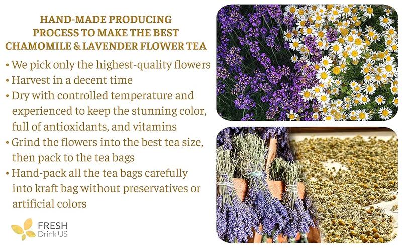 60 Chamomile Lavender Tea Bags, 100% Natural Ingredients, Hand-made Blend of Chamomile and Lavender Flowers, Eco-conscious Tea Bags. Chamomile Lavender Herbal Tea. No Sugar, No Caffeine, No Gluten, Vegan. Beverage