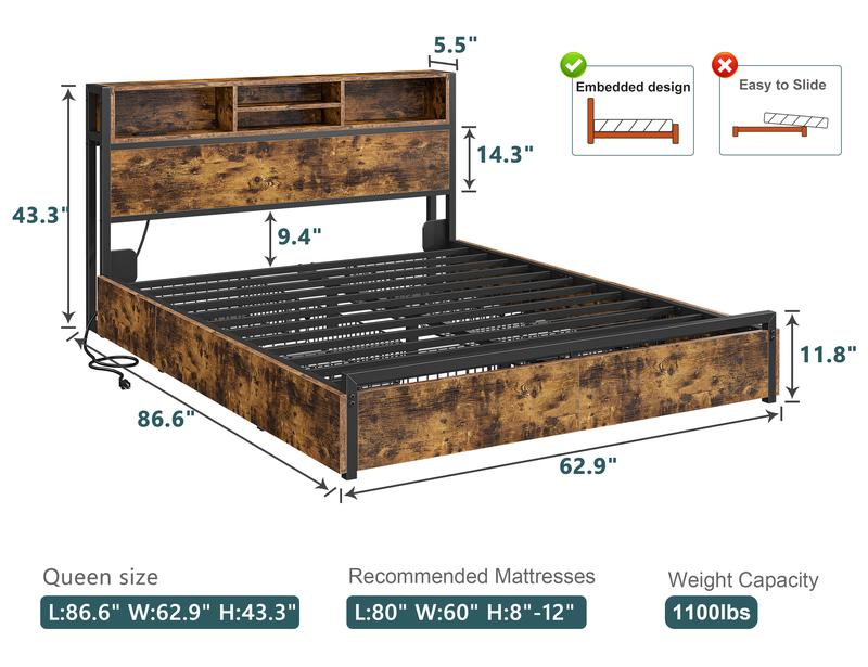 Raybee 6 Drawers Wood Bed Frames for King Queen Full, Luxury Platform Bed Frame with Storage Head Board & Build-in Power Outlet, Holds up to 1000lbs with Metal Frame & Slats, Noise Free, Space Saving for Bedroom