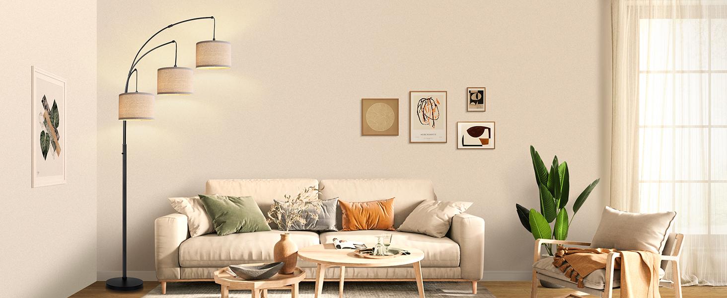 Hoodink Dimmable Floor Lamp - 3 Lights Arc Floor Lamps for Living Room, 1000LM Modern Tall Standing Lamp With Beige Shades & Heavy Base, Mid Century Tree Floor Lamp for Bedroom Office, 3 LED Bulbs Included