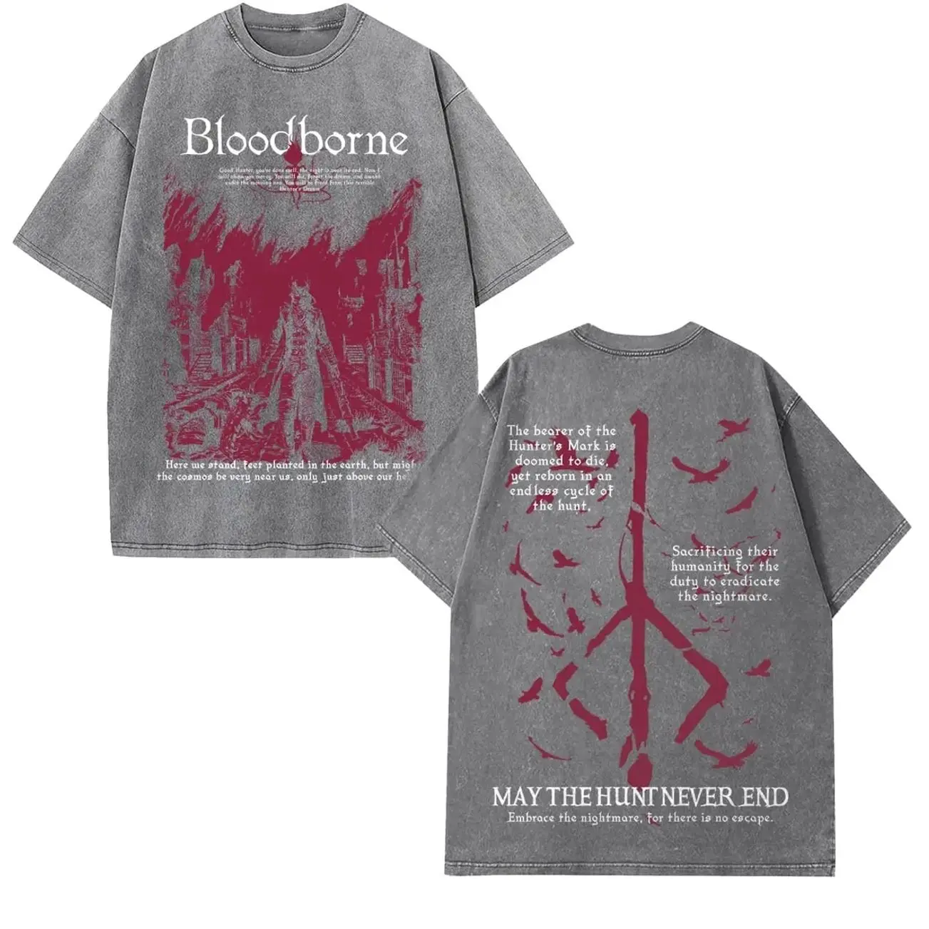 Bloodborne Double Printed Unisex Acid Washed Lightweight Cotton T-Shirt, Gift For Game Fan, Streetwear Menswear Top JZB