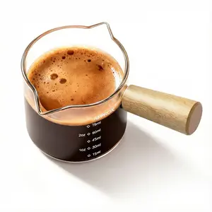 YARRAMATE 2.5 oz/75ML Espresso Cups with Wood Handle, Clear Glass Espresso Accessories, Double Spout Measuring coffee Cup with Dual Scale, Espresso Shot Glass with V-Shaped Spout, Dishwasher Safe