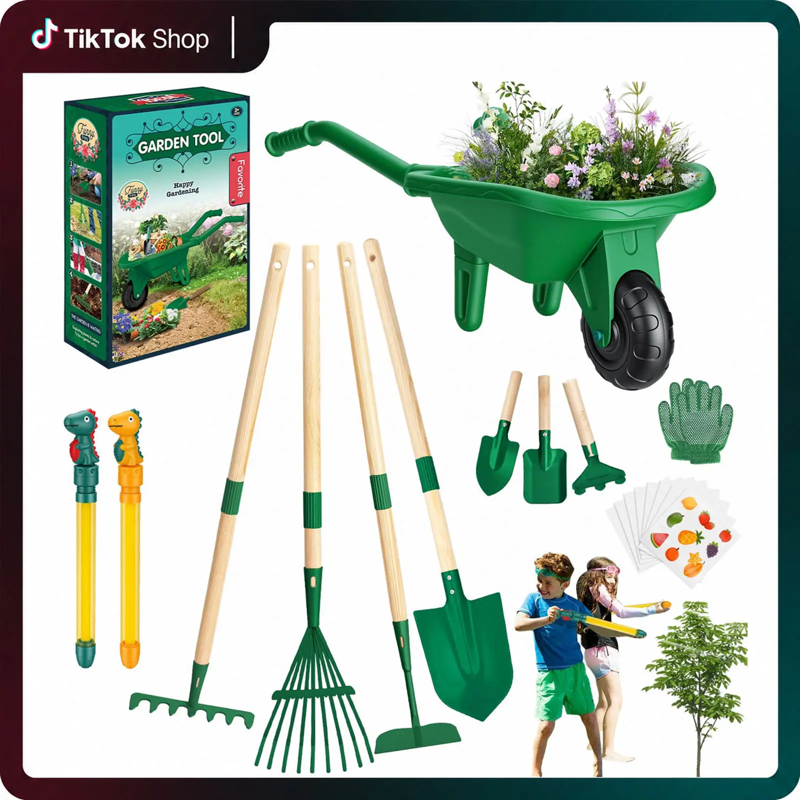Kids Gardening Tools Set with Wheelbarrow, Wooden & Metal Outdoor Gardening Toys for Summer Outdoor Yard Digging & Weeding, Easter Birthday Gifts for Boys Girls Age 3+ Years, SummerVibes.