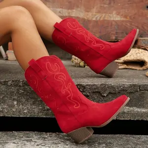 Chic Women's Embroidered Western Cowboy Boots - Comfortable Slip-On, Mid-Heel, Pointed Toe with TPR Sole Girl Walking Shoes