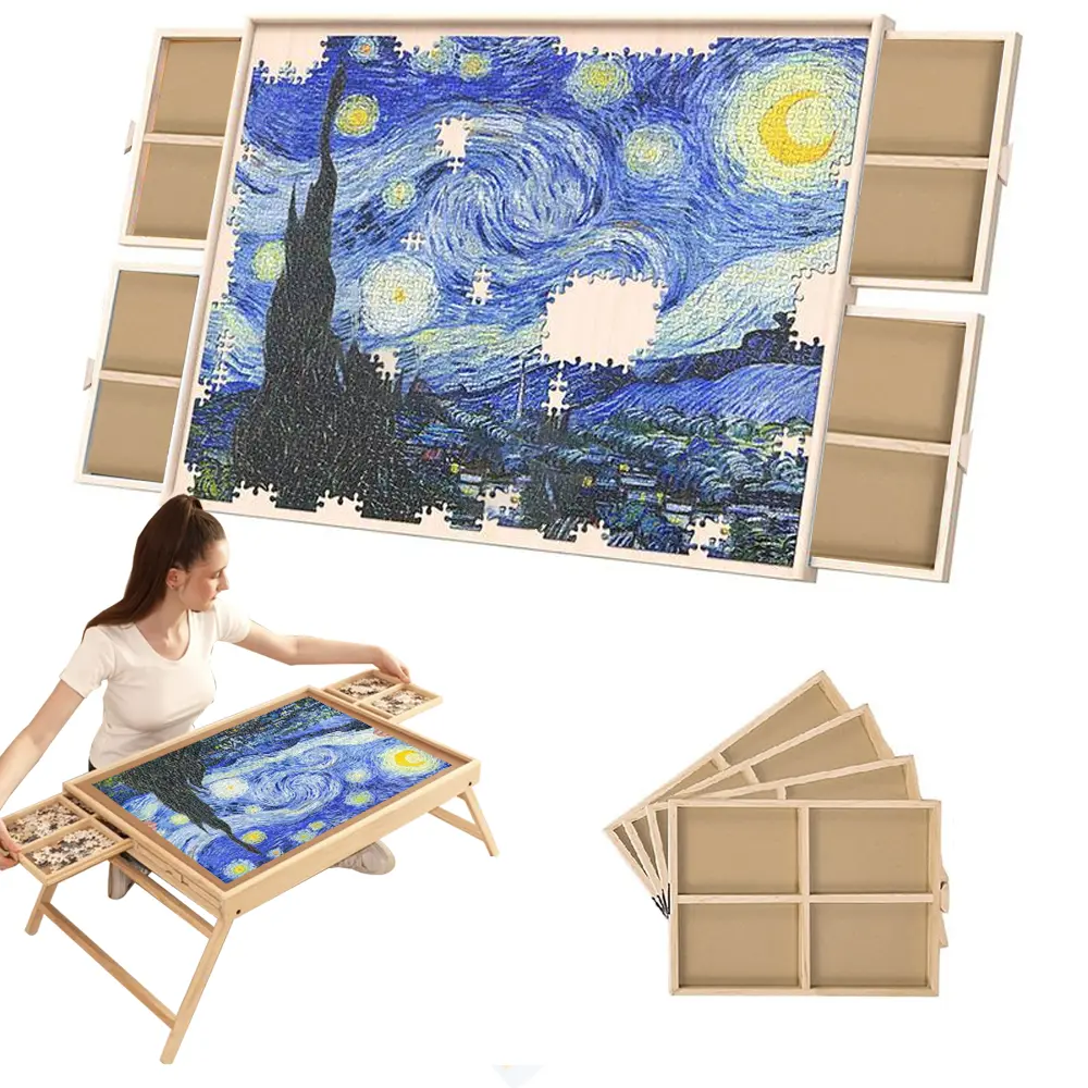 Wooden Puzzle Table with Drawers, Cover, Folding Legs - 29.92"x22.04" Unisex Puzzle Board, Tabletop, Beginner-Friendly, Provides Entertainment, Gift for Loved Ones & Friends