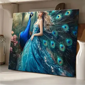 2D Flat, 1pc Art Deco Modern Wall Art - Elegant Woman in Blue Dress with Peacock Feather Design, Wooden Framed Canvas Print, Vibrant HD Artwork for Living Room, Bedroom, Home Office & Outdoor Decor, Wall Art Decor, 2D Flat	