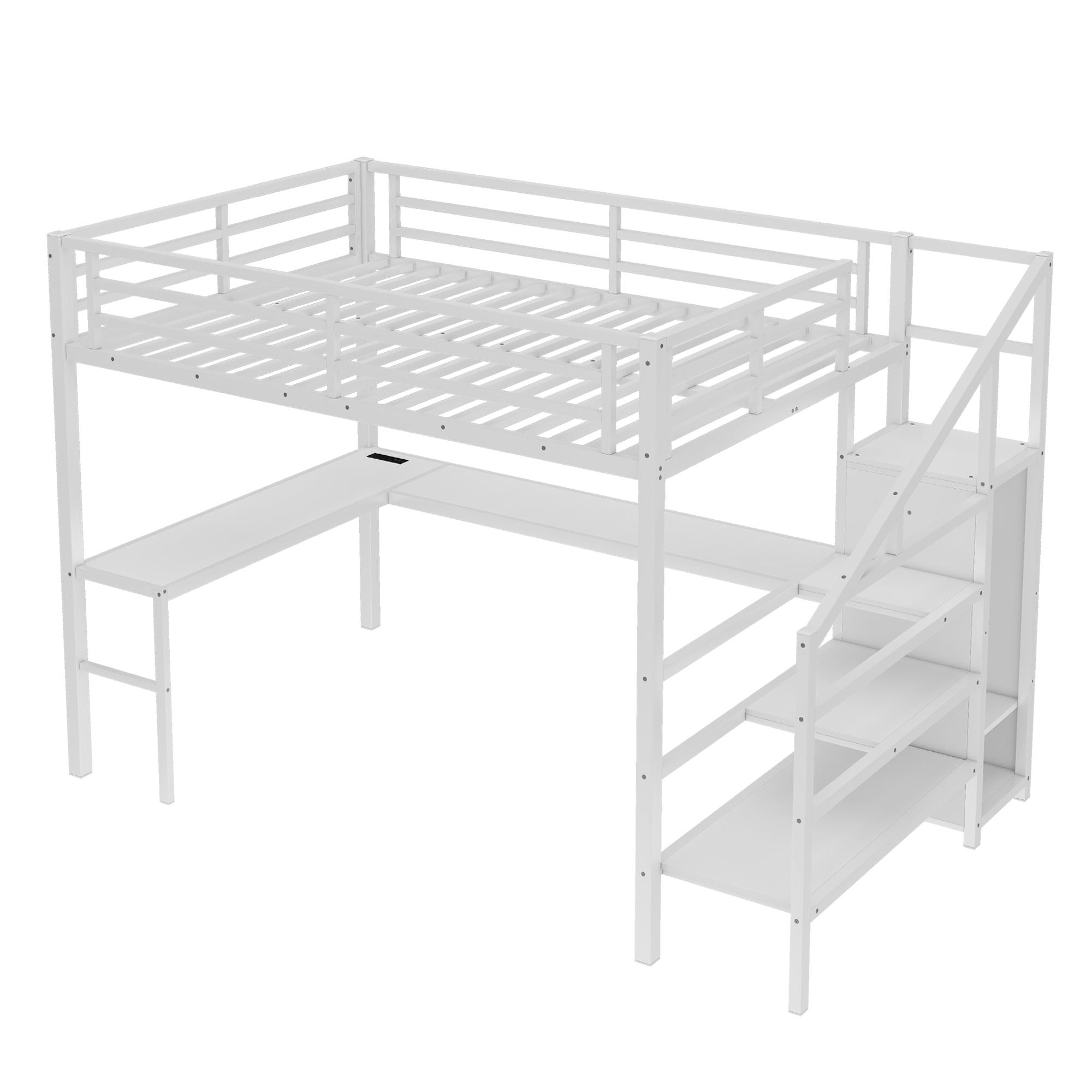 Attic bed with L-shaped desk and USB interface, metal loft bed with wardrobe and adjustable shelf, high loft bed with LED lights for adults Attic bed with L-shaped desk and USB interface, metal loft bed with wardrobe and adjustable shelf, high loft bed with LED lights for adults