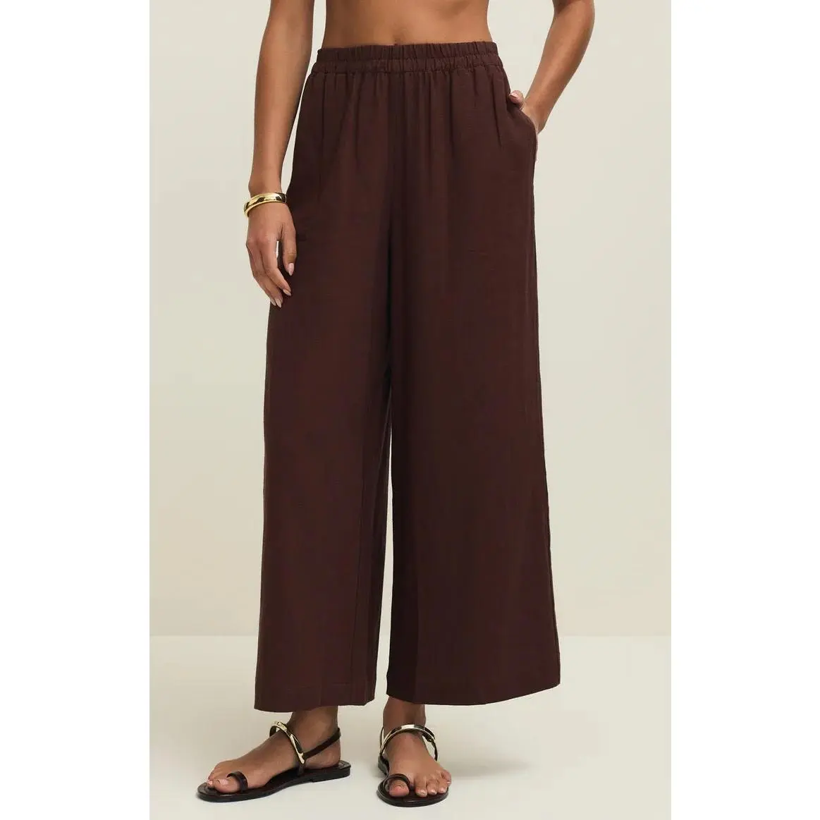 Women's Scout High Rise Wide Leg Pants, Soft Washed Linen Blend Fabric with an Elastic Waist and Pockets, Chocolate Cherry