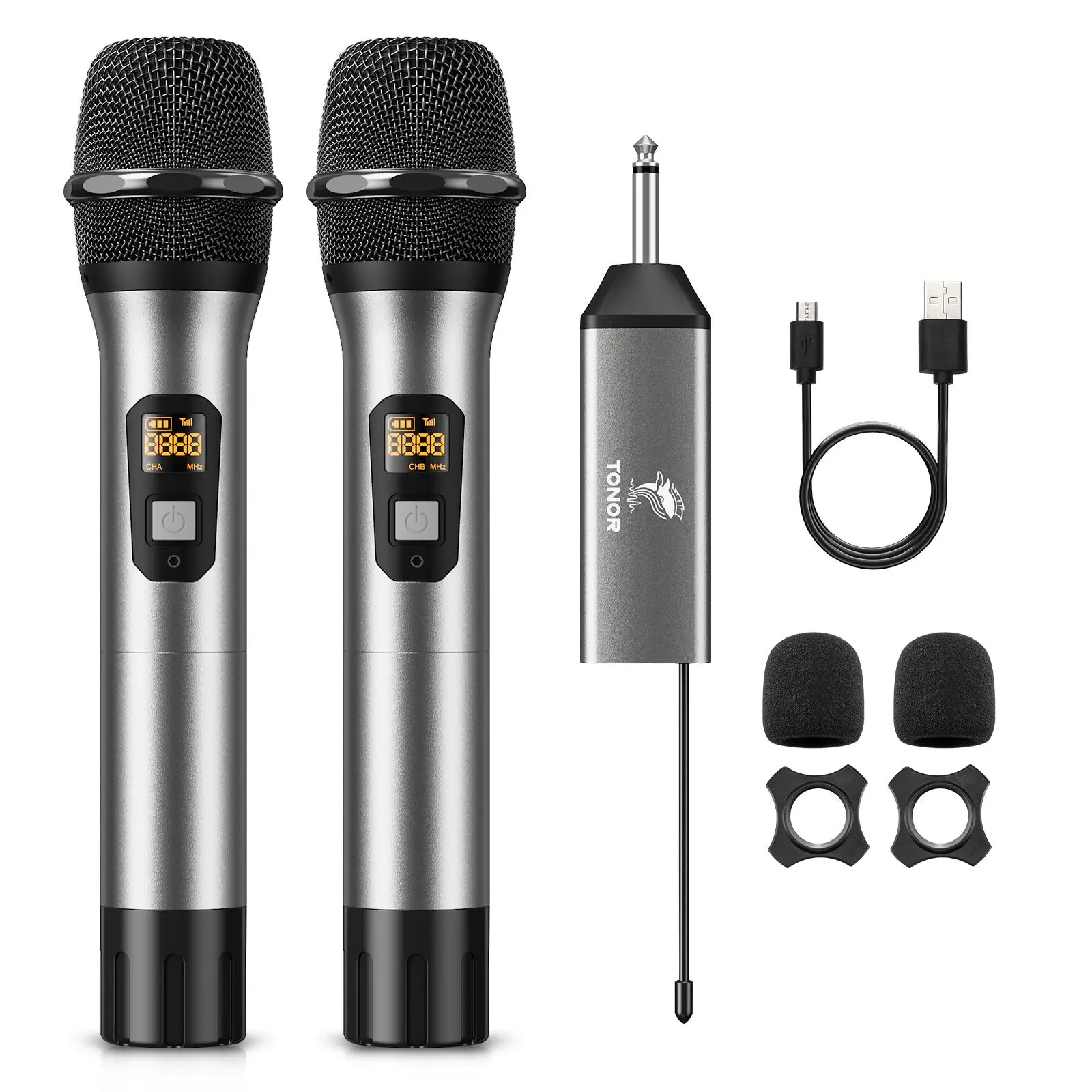 TONOR TW630 Lightweight UHF Dual Handheld Cordless Metal Dynamic Wireless Microphone System - 200ft Range, 15 Channels, Rechargeable Plug-in Receiver, USB-Charge Capability, Adjustable Audio, Cable Compatible for Karaoke, Wedding, Mixers, 1 X Receiver Wit