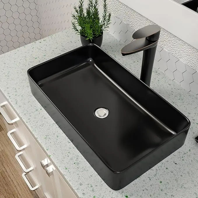 Dcolora 24"x14" Rectangular Vessel Sink Matte Black Ceramic Bathroom Sink, Modern Above Counter Vanity Basin, Stylish Sink for Bathroom Remodel, Luxury Lavatory Sink