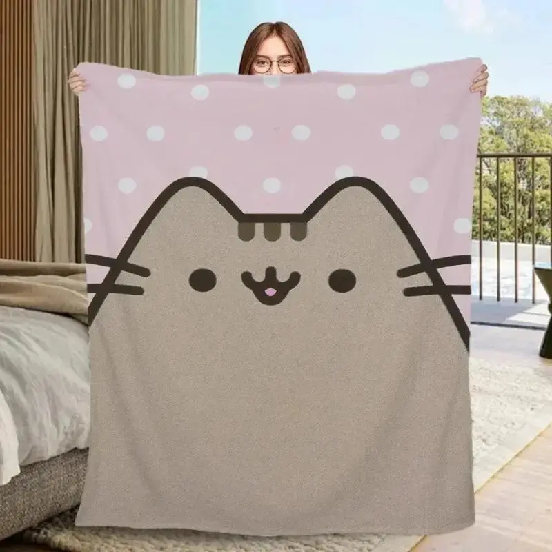 Cute Kawaii Pusheen Cat Plush Flannel Blanket, Ultra Soft Portable Lightweight Throw Cover for Office Nap & Cozy Night Snuggling, Lovely Anime Style Decor Blanket, Perfect Couples Holiday Gift for Pusheen Cat Anime Fans