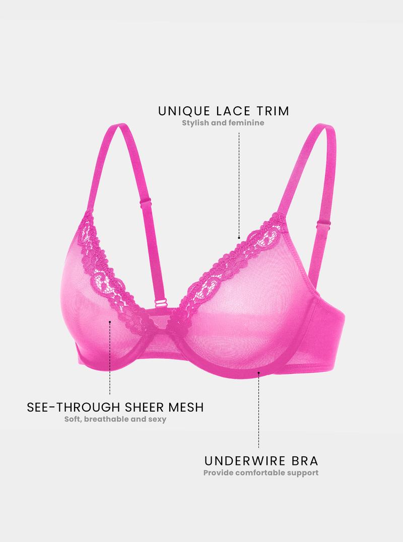 DOBREVA Women's Mesh Balconette Bra Sheer Demi Underwire Unlined Sexy Plus Size Plunge Bras Lace Trim
