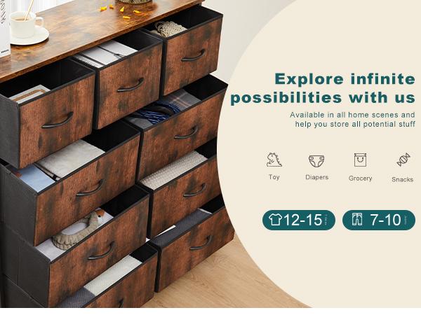 Sweet Furniture S -  Dresser for Bedroom with 9 Drawers, Fabric Dresser with Tall Chest of Drawers, Storage Organizer Unit with Fabric Bins