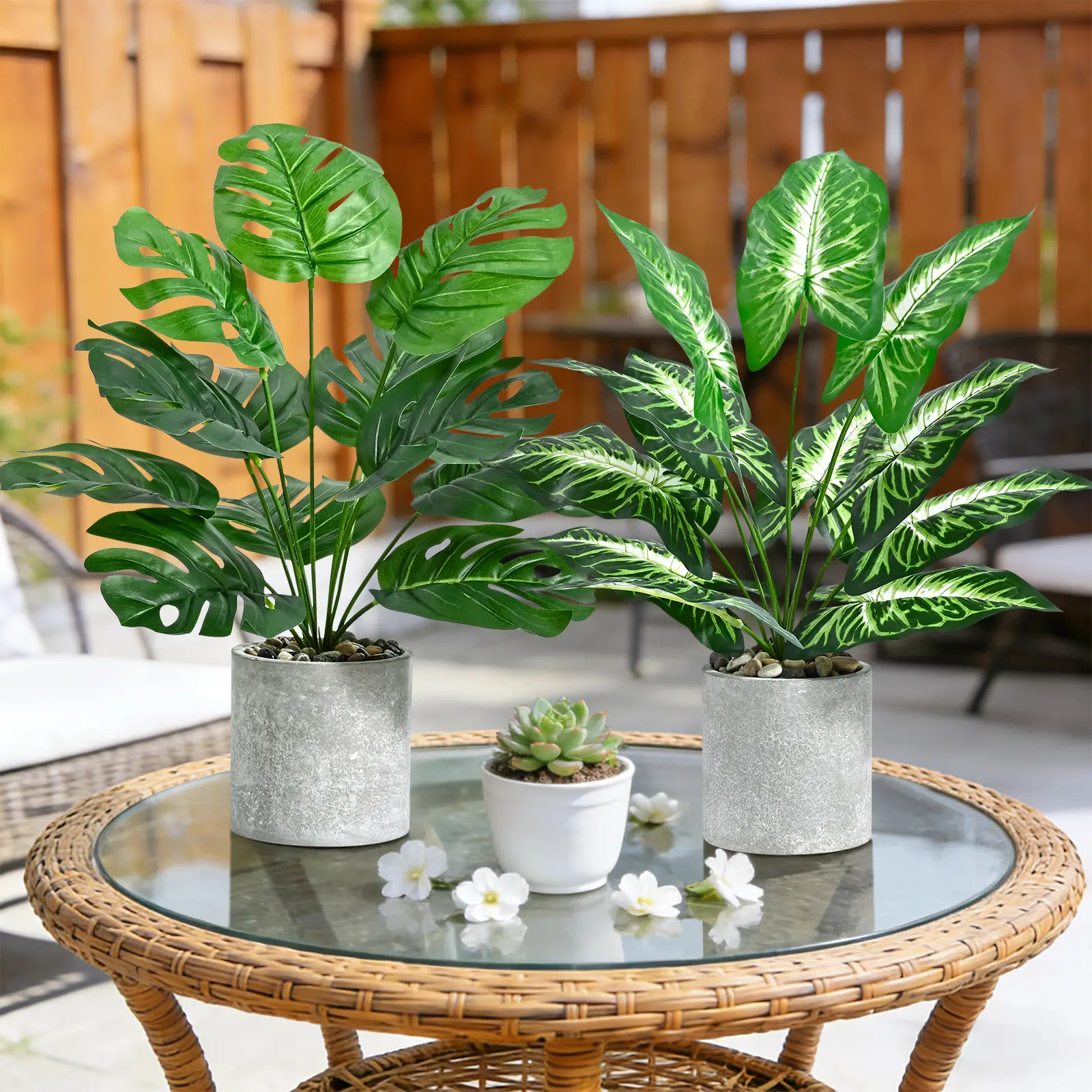 2 Pack Fake Plants Artificial Greenery Plants Fake Plastic Leaves with Stems UV Resistant  Outside Faux Plants Bushes for Outdoor Patio Garden Front Porch Yard Decor Indoor for Office Desk Home