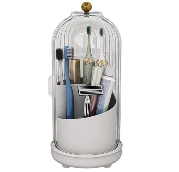 Multifunctional Plastic Toothbrush Holder with Protector - 3-Slot, 360° Rotating Sliding Dustproof Cover, Hidden Storage Lid, Glass Dome, Durable Metal Base, Waterproof Bathroom Organizer for Vanity Organization, Compact Space-Saving, Modern Look Enhancer