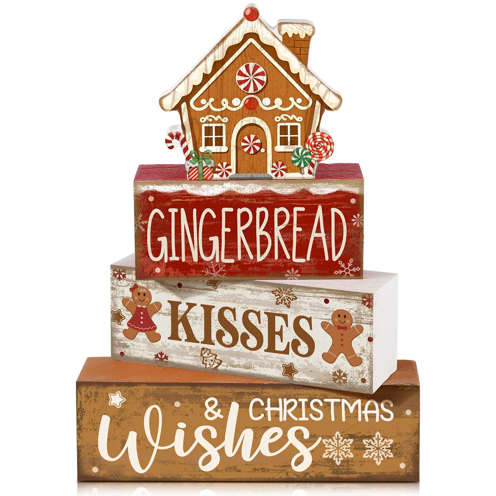 4-Piece Christmas Gingerbread House Wooden Stacked Blocks Set - Irregular Character Contemporary Decor, Rustic Centerpiece Signs for Home Tiered Trays, Kitchen & Coffee Bar Festive Decorations