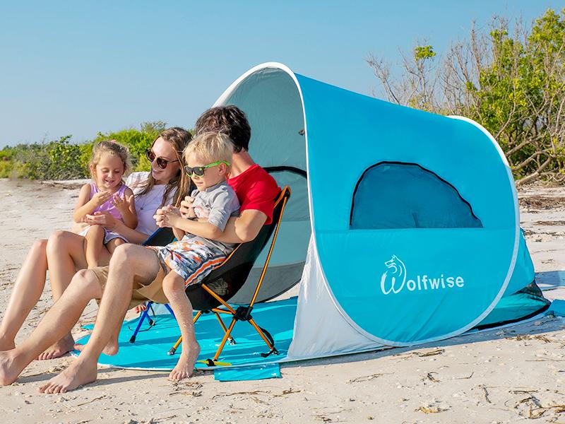 WolfWise UPF 50+ Easy Pop Up 3-4 Person Beach Tent, Sport Umbrella, Instant Sun Shelter Tent, Sun Shade Canopy, Portable Sand Pockets For Stability High Density Mesh Windows Outdoorfun