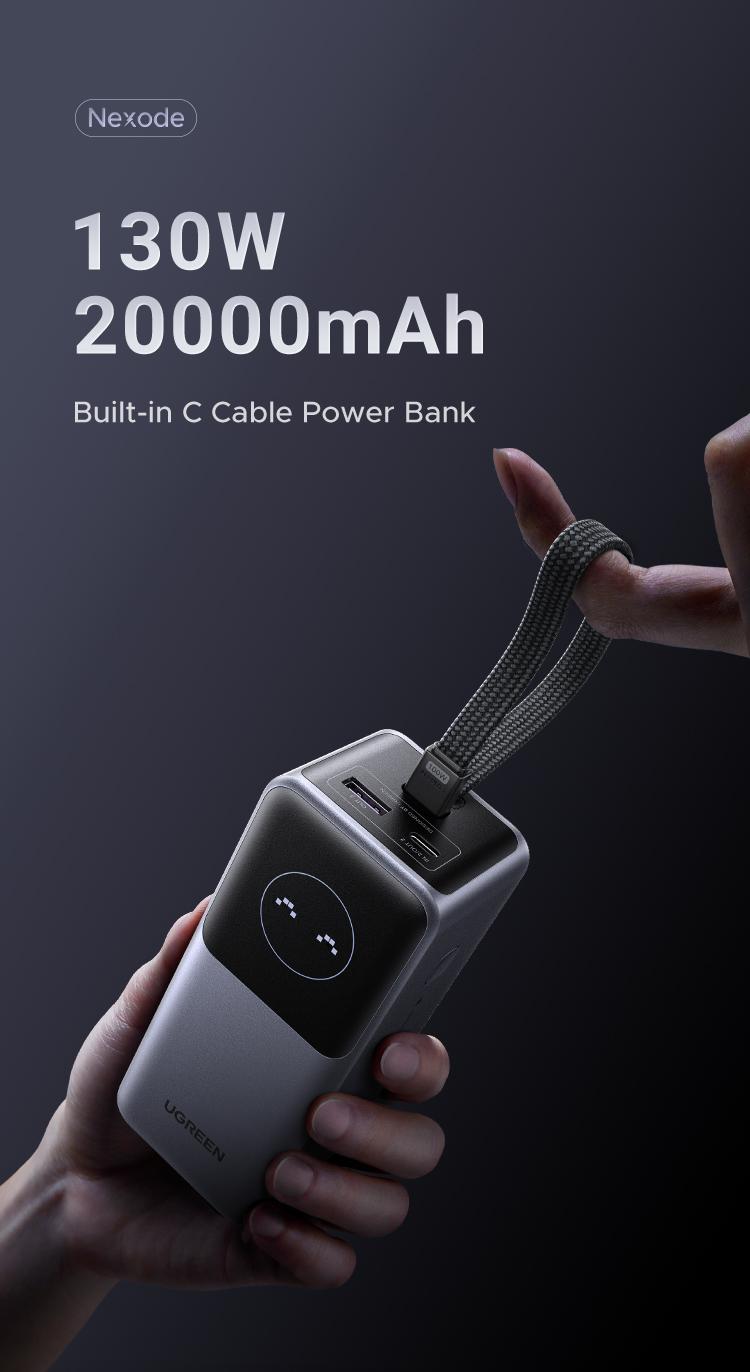 UGREEN Nexode Power Bank 20000mAh 130W Portable Charger Built-in USB C Cable, Pack with TFT Smart Display for MacBook/iPad/iPhone 17 16/Samsung S24 and More ,September Restock,TikTokShopSpringGlowUp,Greenish