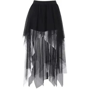 Sexy Net Yarn High-Waisted Irregular Skirt for Women Summer New European and American Gothic Style Versatile Casual Skirts NONE