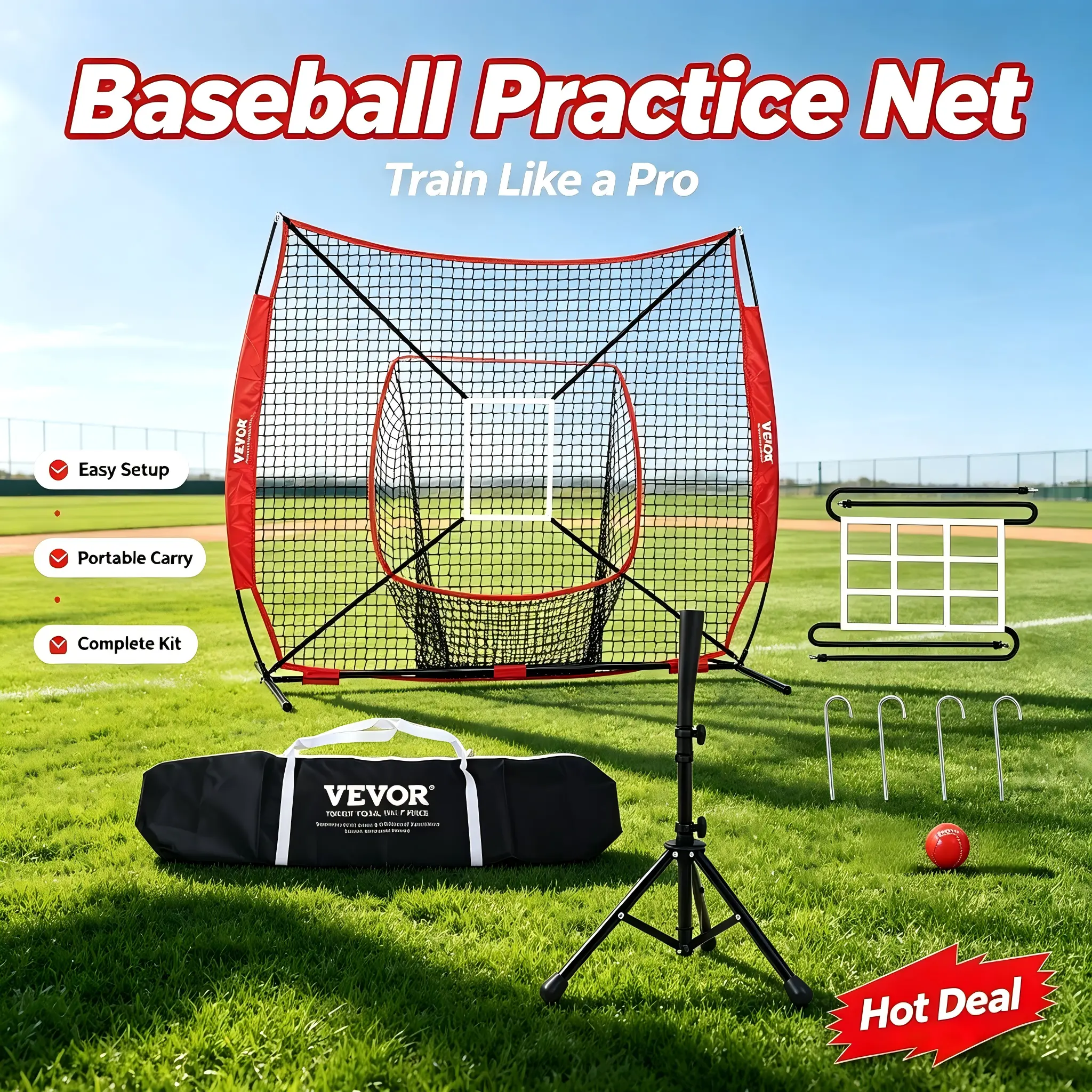 【SummerFinds】VEVOR 7x7 ft Baseball Softball Practice Net,  Portable Baseball Training Net for Hitting Batting Catching Pitching, Backstop Baseball Equipment with Bow Frame, Carry Bag, Strike Zone, Ball, Batting Tee