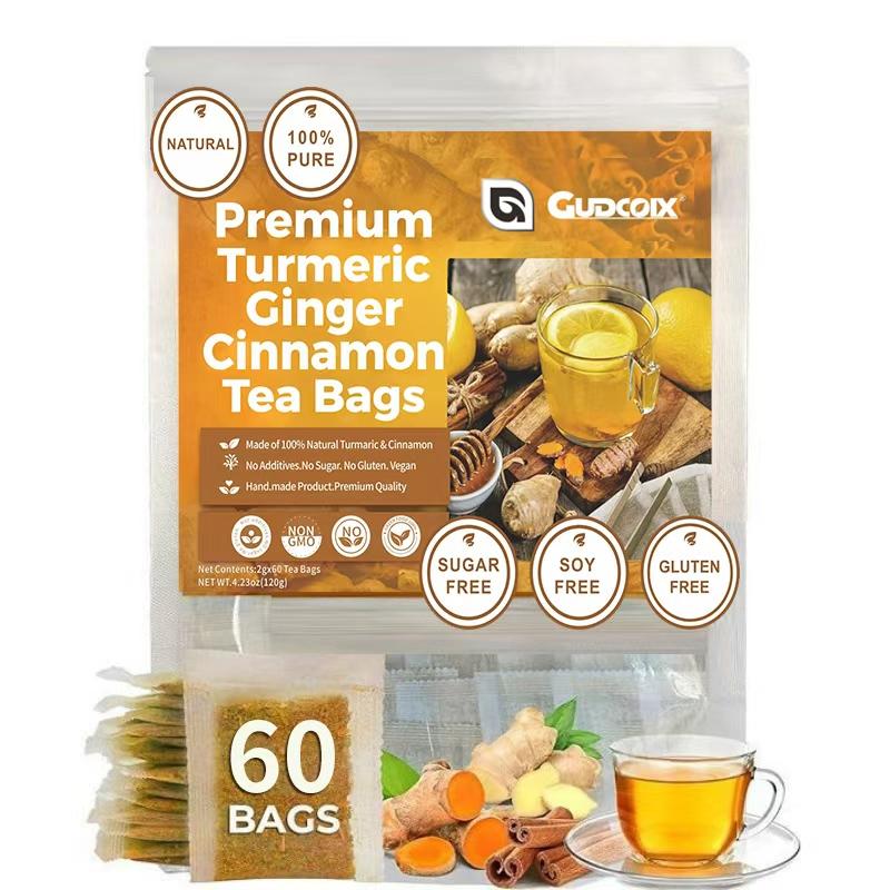 GUDCOIX Premium Turmeric Ginger Cinnamon Tea Bags, 100% Natural, No Additives, Caffeine Free, 60 Bags