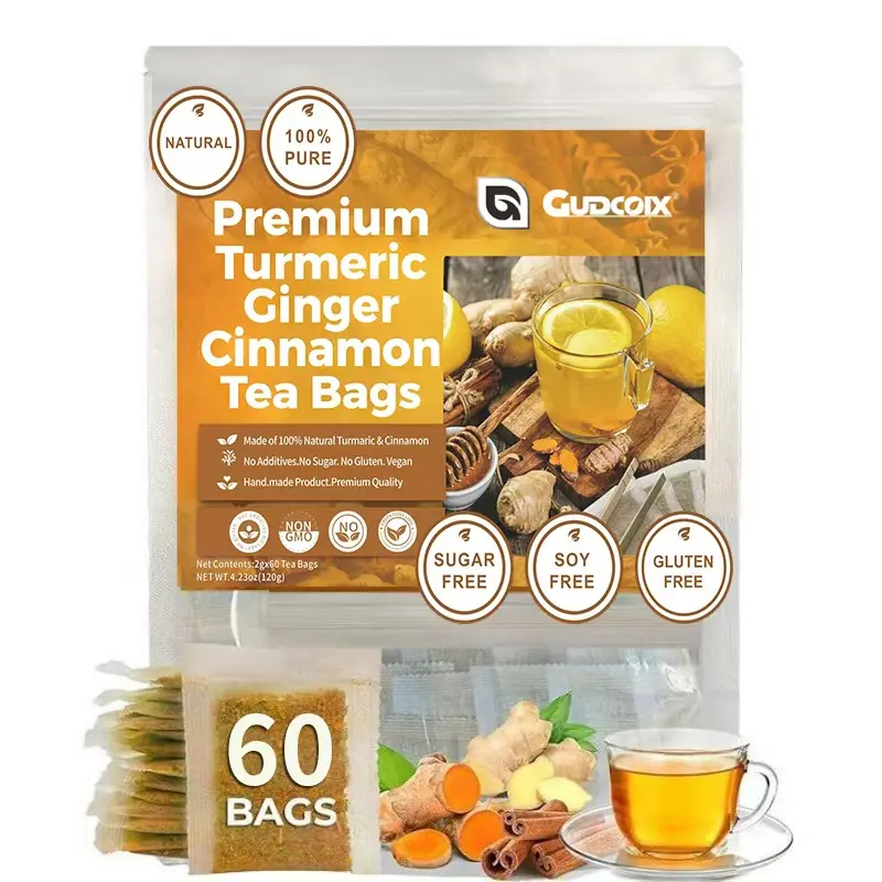 GUDCOIX Premium Turmeric Ginger Cinnamon Tea Bags, 100% Natural, No Additives, Caffeine Free, 60 Bags