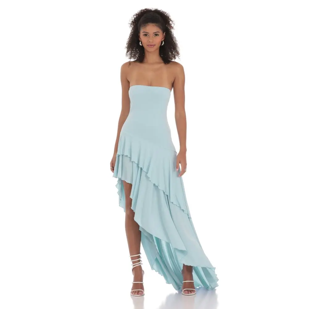 strapless asymmetrical ruffle high-low maxi dress PRETTYGARDEN Womens Summer Strapless Maxi Dresses Ruffle Tube Asymmetr
