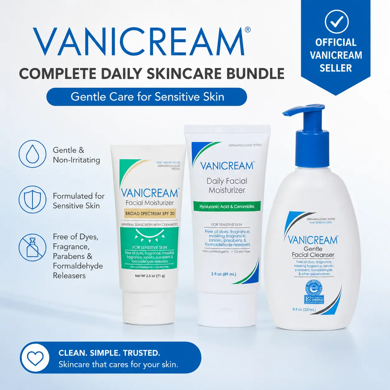 Vanicream Sensitive Skin 3-Step Daily Care Bundle – Facial Cleanser, Daily Facial Moisturizer & SPF 30