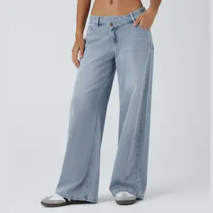 Hotouch Asymmetric Low Rise Zipper Pockets Baggy Wide Leg Washed Casual Jeans